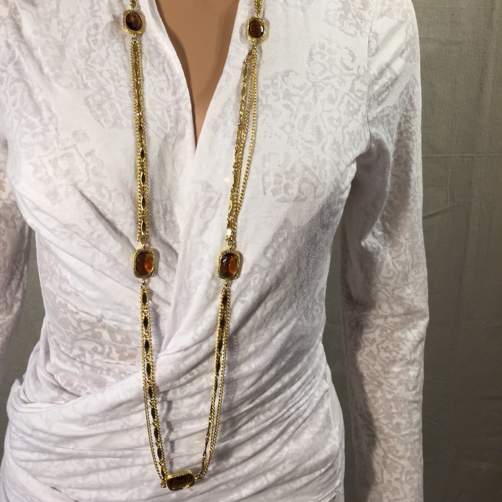 Gold Tone Station Necklace with Amber Stones